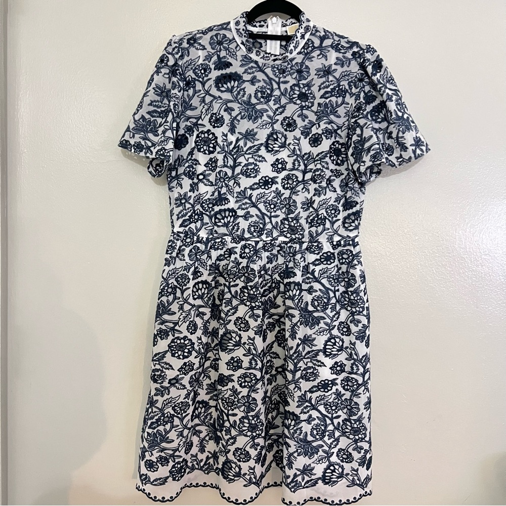 MK Michael Kors Boho Lux Floral Embroider High Neck Blue White Mini Dress Sz 10